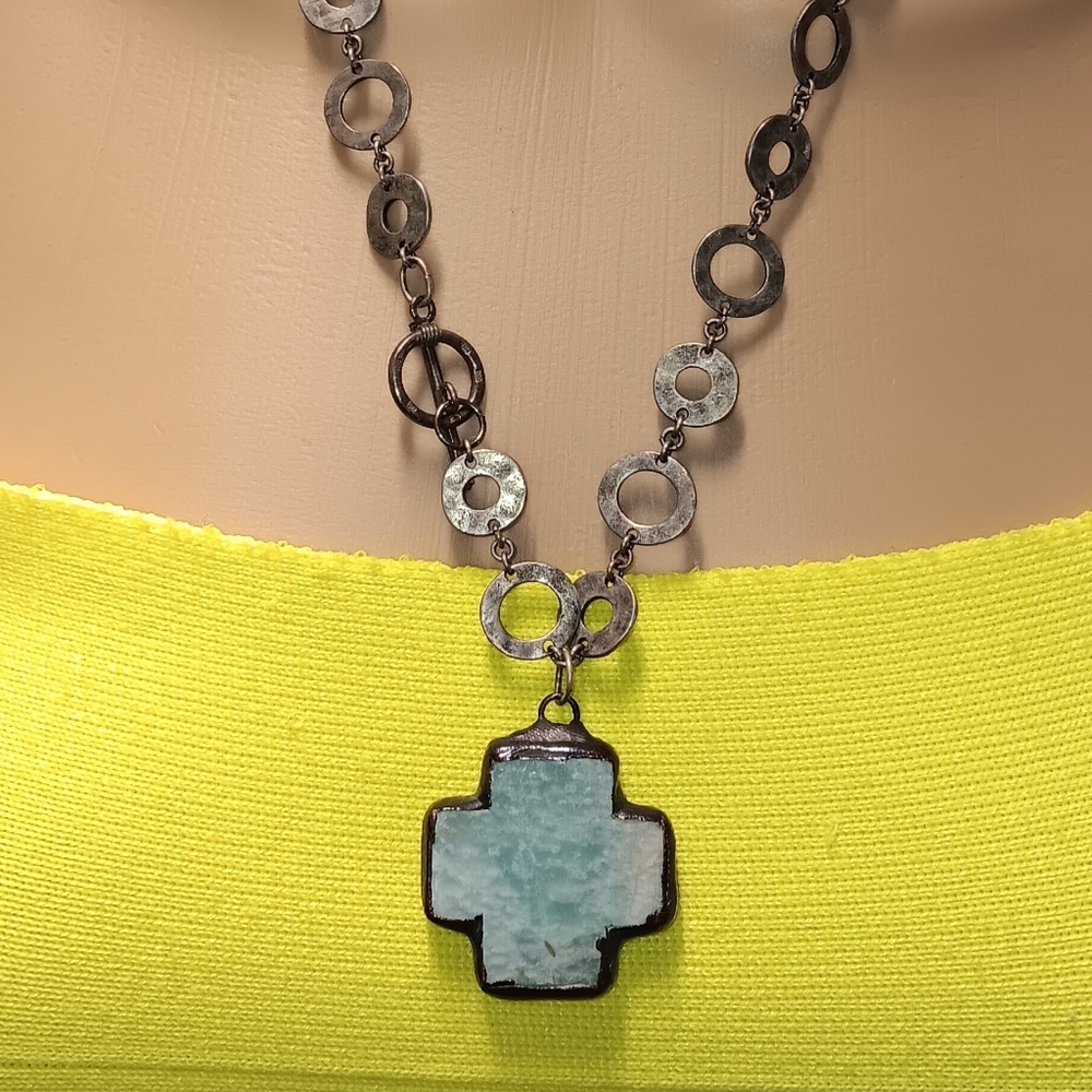 Glass Turquoise Cross Silver Toggle Necklace